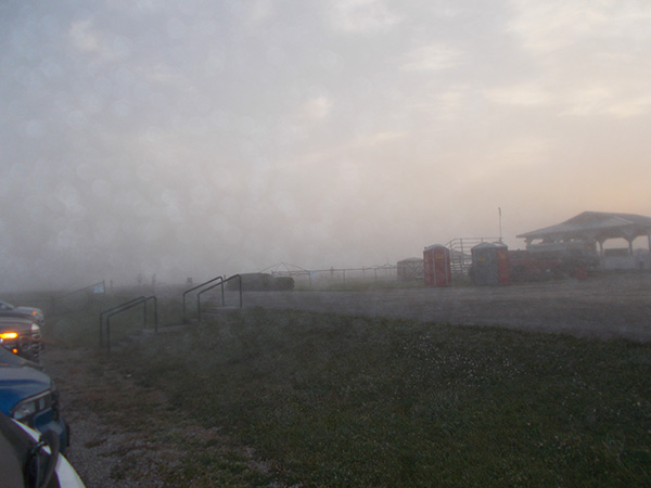 Foggy outdoor setting with vehicles, a pavilion, and distant trees.