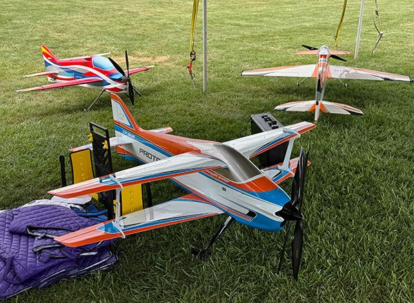Model airplanes with bright colors on grass.