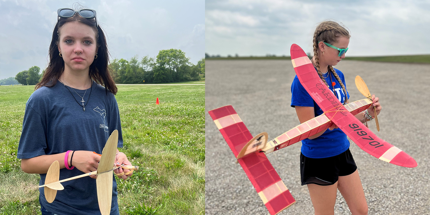 [L] Sarah Dalecki finished second in Junior Old Time Catapult glider.  [R]Skilly DeLoach flew her Golloywock to first place in J