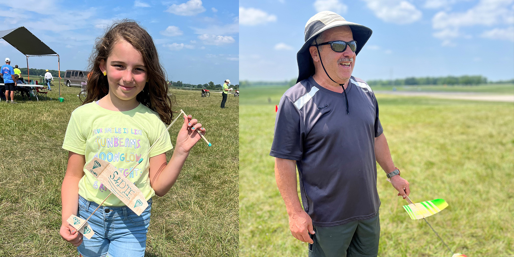 Sadie Menanno and her pretty catapult glider.  New Free Flight Hall of Fame inductee Bruce Kimball and his catapult glider.