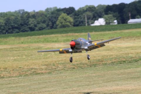  A P-40 makes a landing approach with full flaps and gear down. It was entered in 2022 Fun Scale.