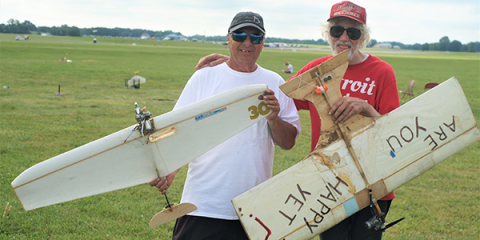 Pete Athans (L) with a foam F2D model and Ed Brzys with a well-worn Speed Limit model. Pete and his teammate, Chris Gay, were the only two pilots flying foam models in F2D Fast. They took first and second place. Advantage foam?