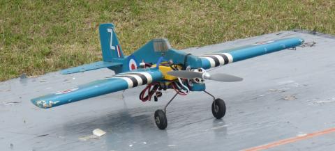 Blue remote-controlled plane on runway, grass in background.