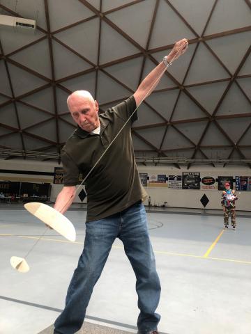 The great Ron Wittman, past indoor glider record holder, trying his hand at Standard Catapult. 