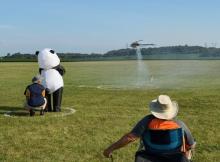 Panda mascot with two people at a field, watching a model helicopter take off.